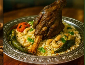 Slow-cooked lamb shank served over rice