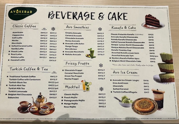 Avokebab menu board: coffee, tea, smoothies, mocktails, kunafa, cake and ice cream
