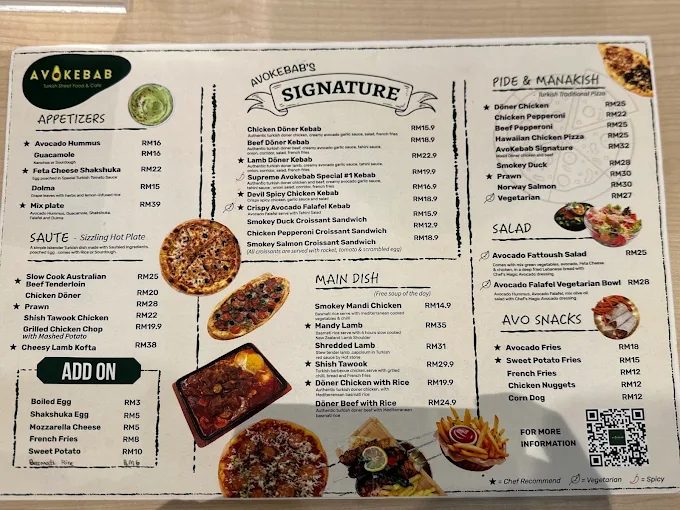 Avokebab menu board: appetizers, signature kebabs, main dishes, pide, salad and avo snacks